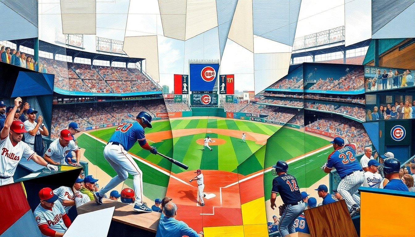 A fractured, cubist-style painting depicting the energy and movement of a baseball game between the Philadelphia Phillies and Chicago Cubs, with sharp geometric shapes and planes representing the players and the action on the field.