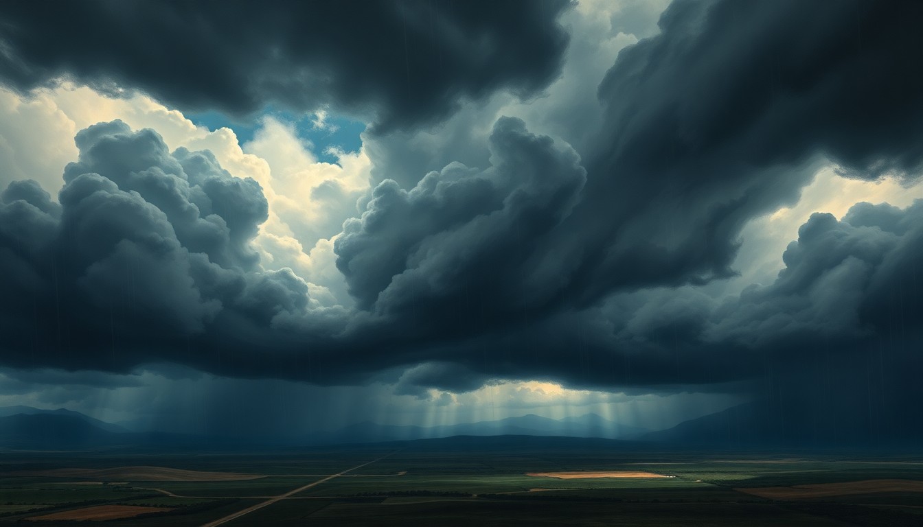 A sweeping, atmospheric landscape painting in muted tones of gray, blue, and green, with dark, ominous clouds filling the sky and obscuring the view of any physical structures or roads below.