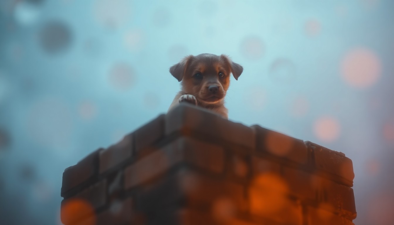 An abstract, impressionistic photograph showing the blurred outline of a small puppy peeking out from the top of an old brick chimney, surrounded by a warm, glowing haze of soft yellow and orange light.