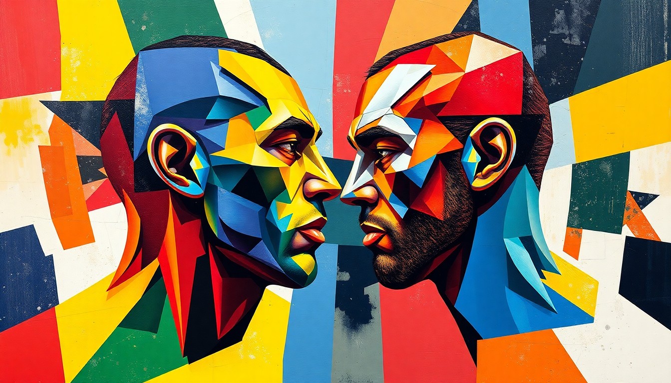 A cubist, geometric painting depicting the Chimaev vs. Strickland UFC middleweight title fight, with sharp, overlapping planes of color representing the raw energy and intensity of the matchup.