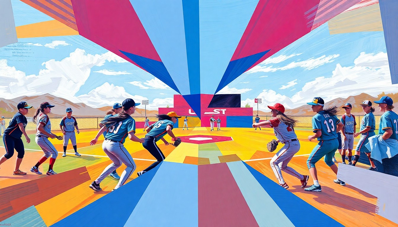 A cubist-style painting depicting a softball game, with the players and field fragmented into sharp, overlapping geometric shapes and planes in the team's colors, capturing the dynamic motion and competitive spirit of the sport.