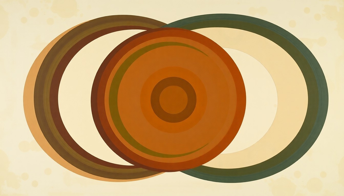 A highly structured abstract painting in muted earth tones, featuring sweeping geometric arcs, concentric circular forms, and precise intersecting waveforms, conceptually representing the complex forces and engineering challenges of advanced aerospace innovation.