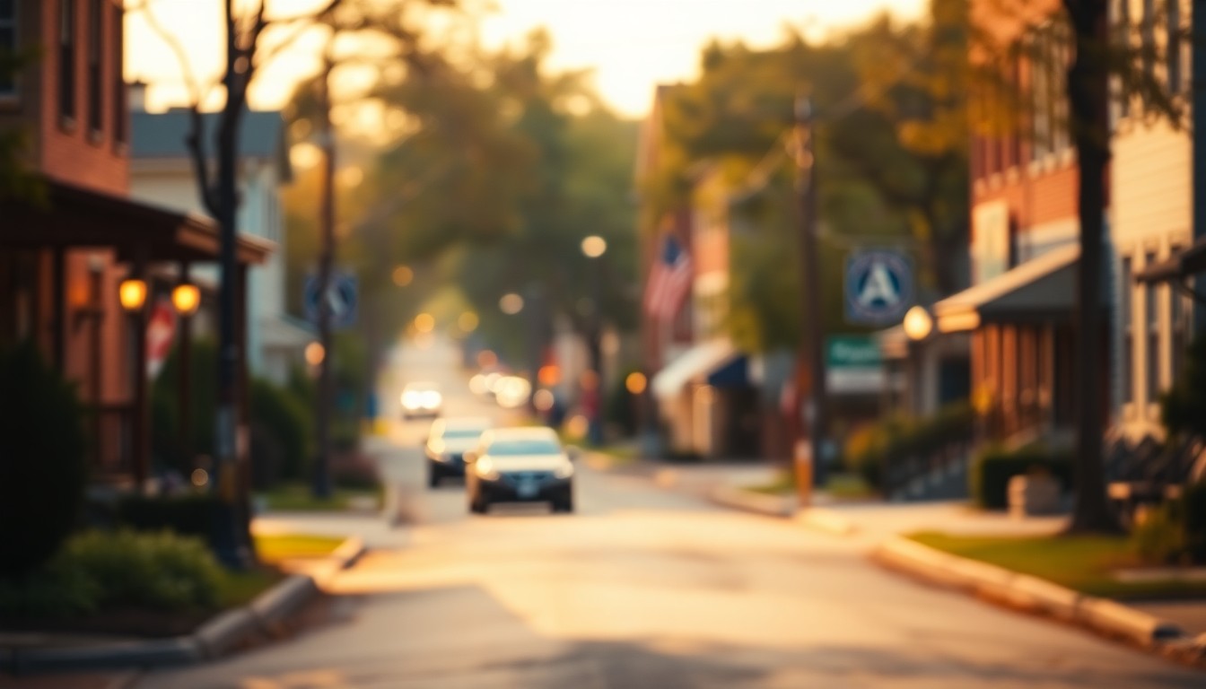 An extremely abstracted, out-of-focus photograph of a residential street in soft, warm tones, conveying a nostalgic and atmospheric mood.