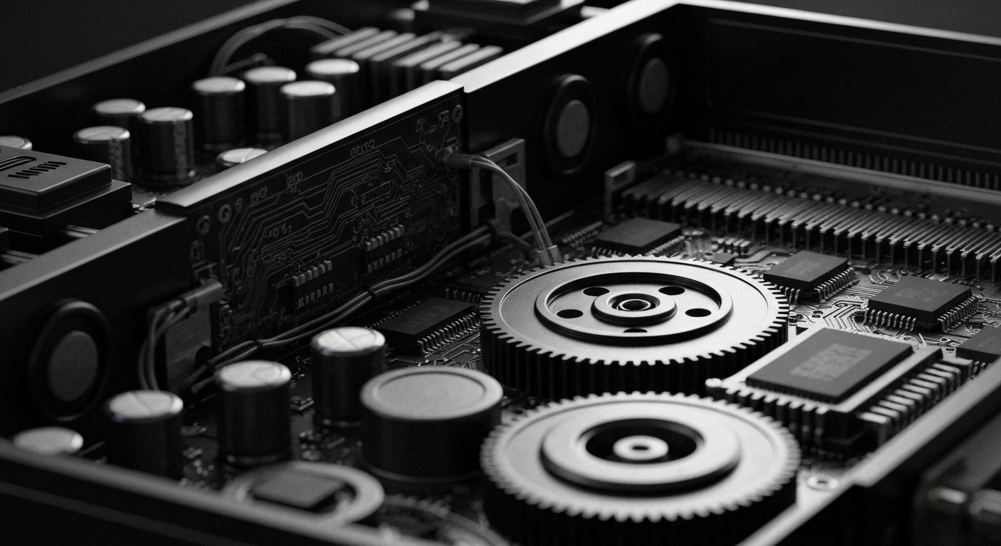 An extreme close-up of the inner workings of a streaming media platform, with a focus on the heavy, industrial machinery and circuits that power the service, rendered in a high-contrast, documentary-style visual metaphor for the financial and technological foundations of Netflix's business.