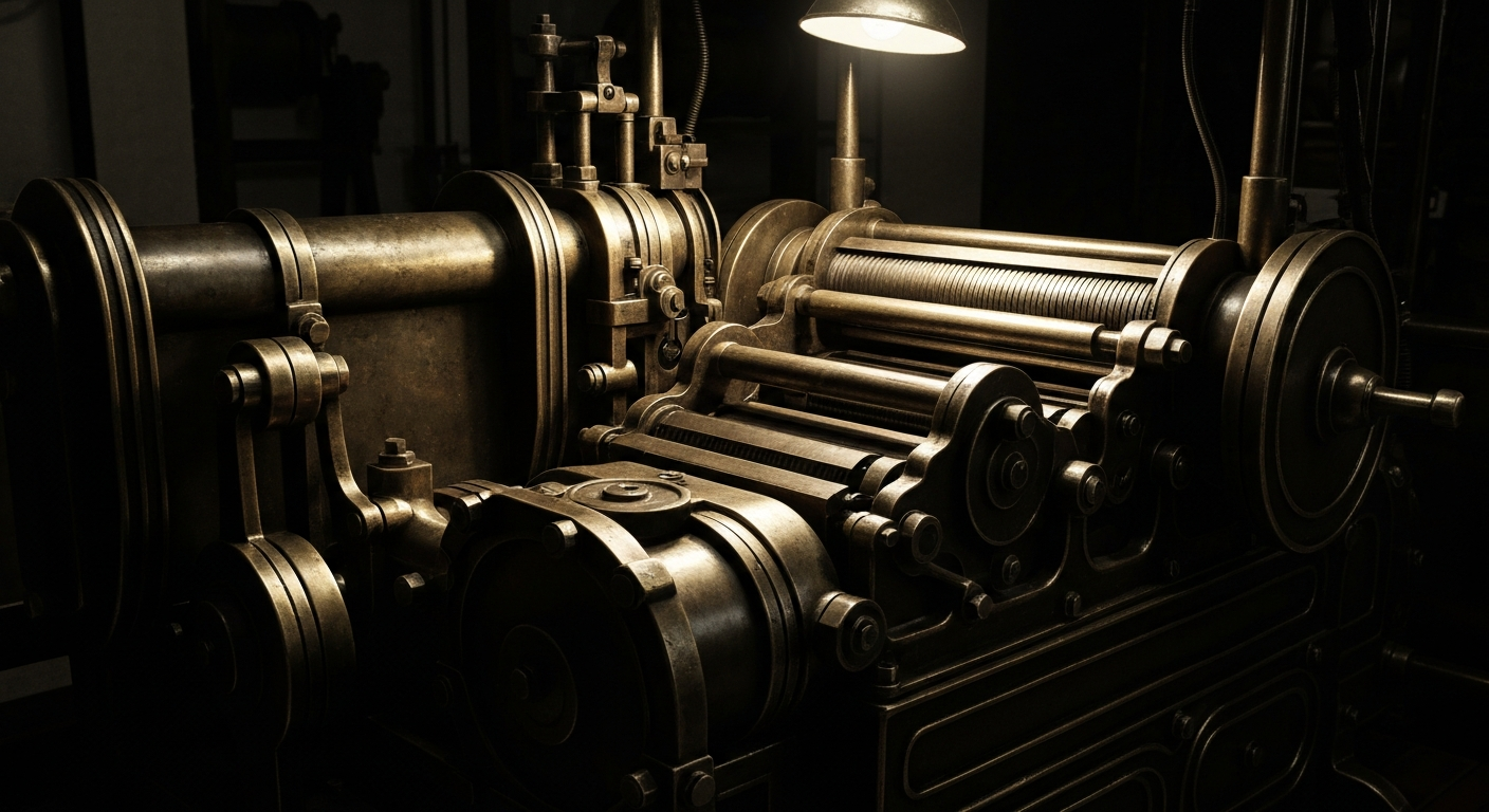 An extreme close-up of intricate, heavy banking machinery and equipment in muted metallic tones, conveying the industrial power and security of Brookfield Corporation's financial operations.