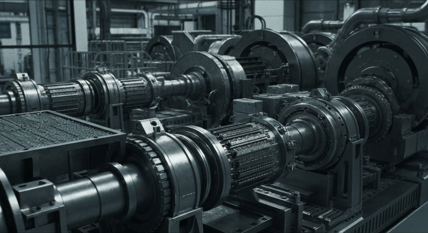 A dramatic, high-contrast close-up of the gears, circuits, and metallic components that make up the internal mechanisms of a semiconductor manufacturing facility, conveying the industrial scale and technical complexity of NVIDIA's business.