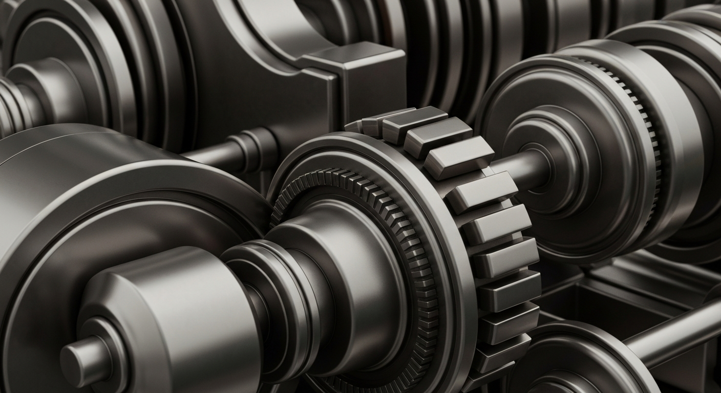 A highly detailed, cinematic close-up image of heavy, industrial banking machinery and mechanisms in shades of steel grey, bronze, and black, conveying a sense of institutional financial power and security without using literal currency or charts.