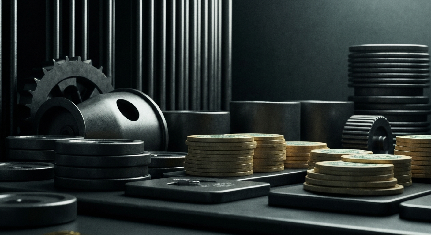 A highly detailed, black-and-white macro photograph of the inner workings of a large industrial machine, conveying a sense of the hidden infrastructure and mechanical power underlying the financial markets.
