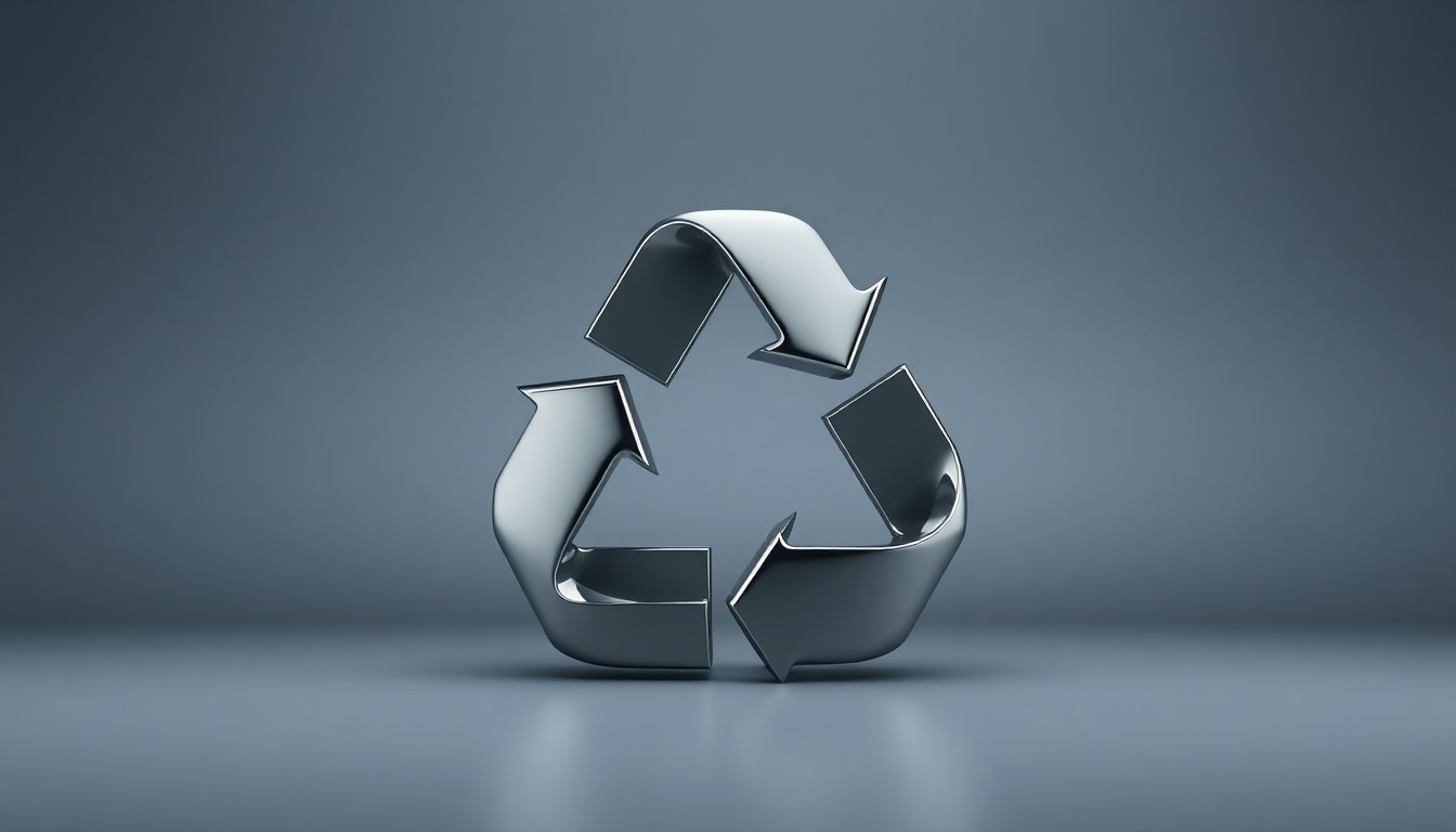 A minimalist, high-contrast studio photograph of a sleek, metallic recycling equipment piece or sculpture, conveying the refined elegance and lasting impact of the recycling industry's most distinguished leaders.