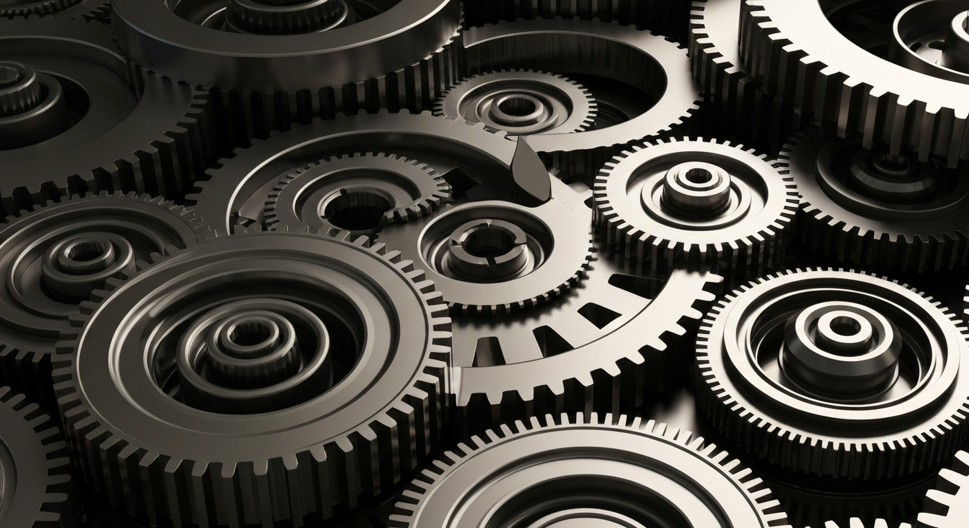 An extreme close-up of complex, interlocking metal gears and machinery in shades of steel grey, bronze, and black, conceptually representing the institutional financial infrastructure supporting the biotech industry.