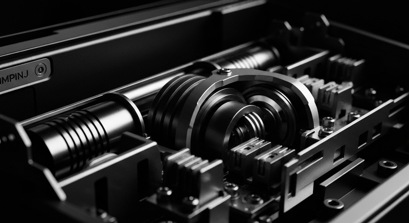A high-contrast, industrial close-up image of the complex inner mechanisms and machinery of an RFID reader or sensor, conveying the robust and technologically advanced nature of Impinj's RFID solutions.