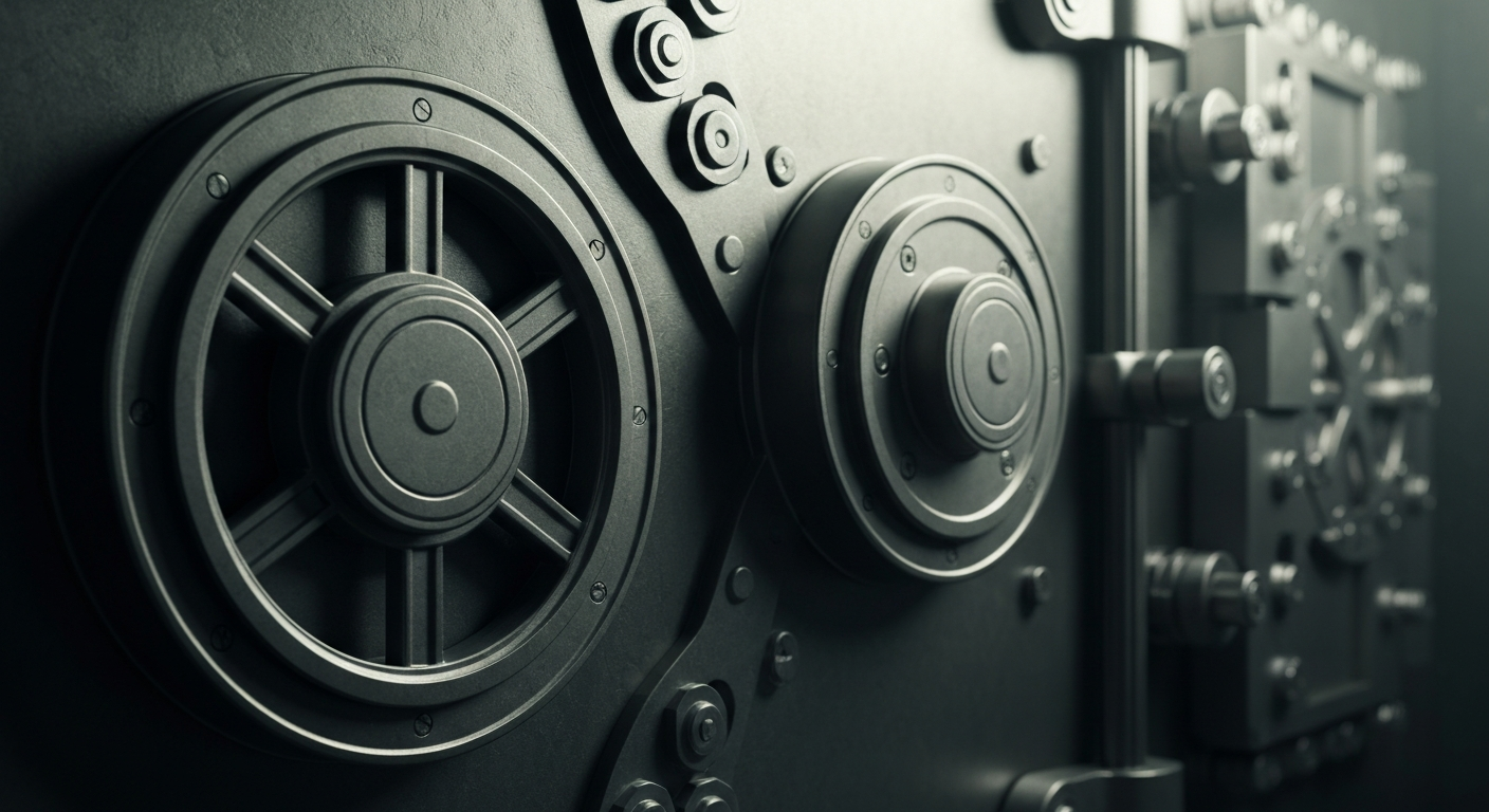 An extreme close-up of the intricate, heavy machinery inside a bank vault, conveying the secure, industrial nature of financial institutions and investments.