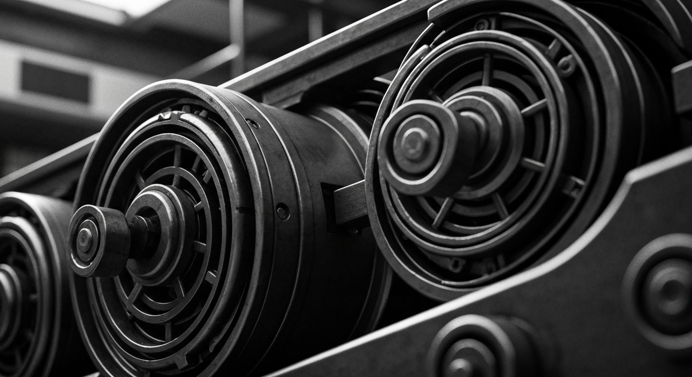 A high-contrast, close-up image of complex, industrial-looking banking equipment and machinery, conveying the tangible, mechanical nature of the financial industry without using any literal currency or charts.