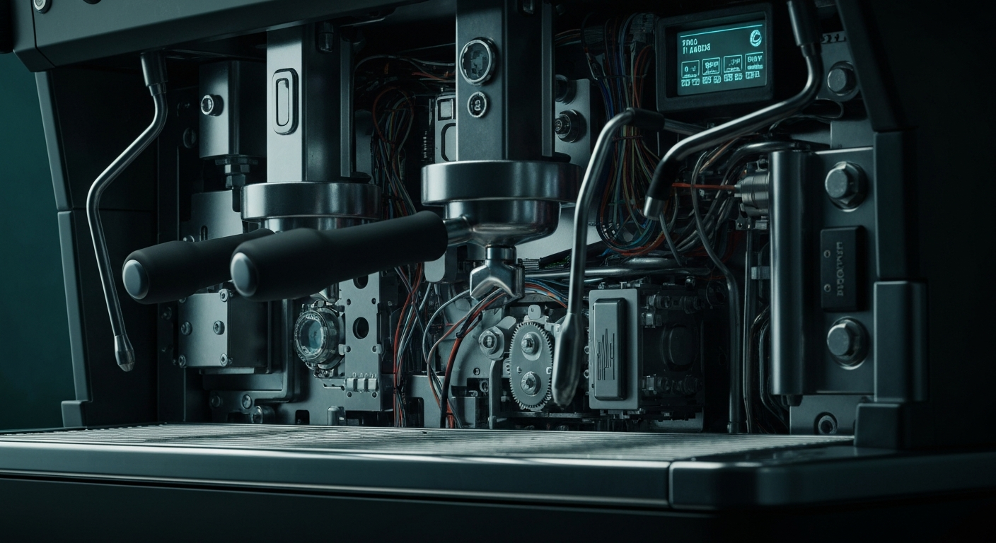 An extreme close-up of the intricate metal gears, valves, and pistons of an espresso machine, conveying the complex institutional investment and financial infrastructure that supports the Starbucks brand.