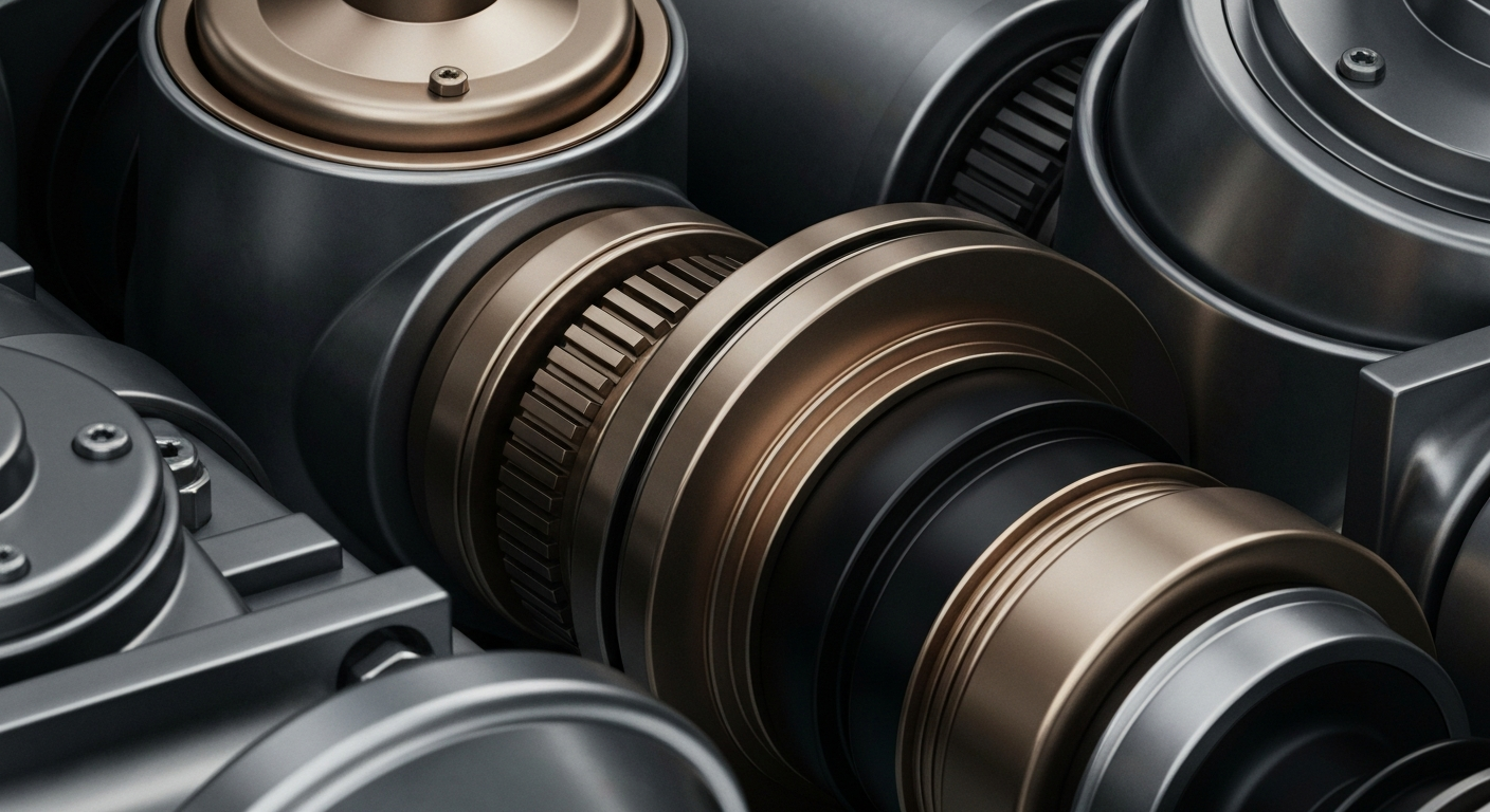 An extreme close-up of various metal gears, levers, and other industrial components in shades of steel grey, bronze, and black, conveying the physical infrastructure and financial security behind Fastenal's business.