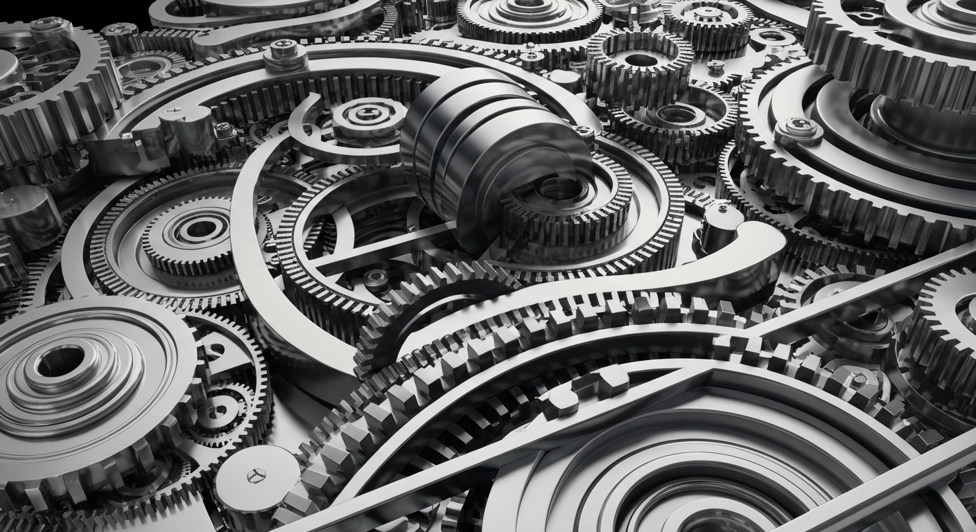 An extreme close-up of highly detailed, interlocking metal gears and machinery, conveying the complex financial infrastructure that supports the biotech industry.