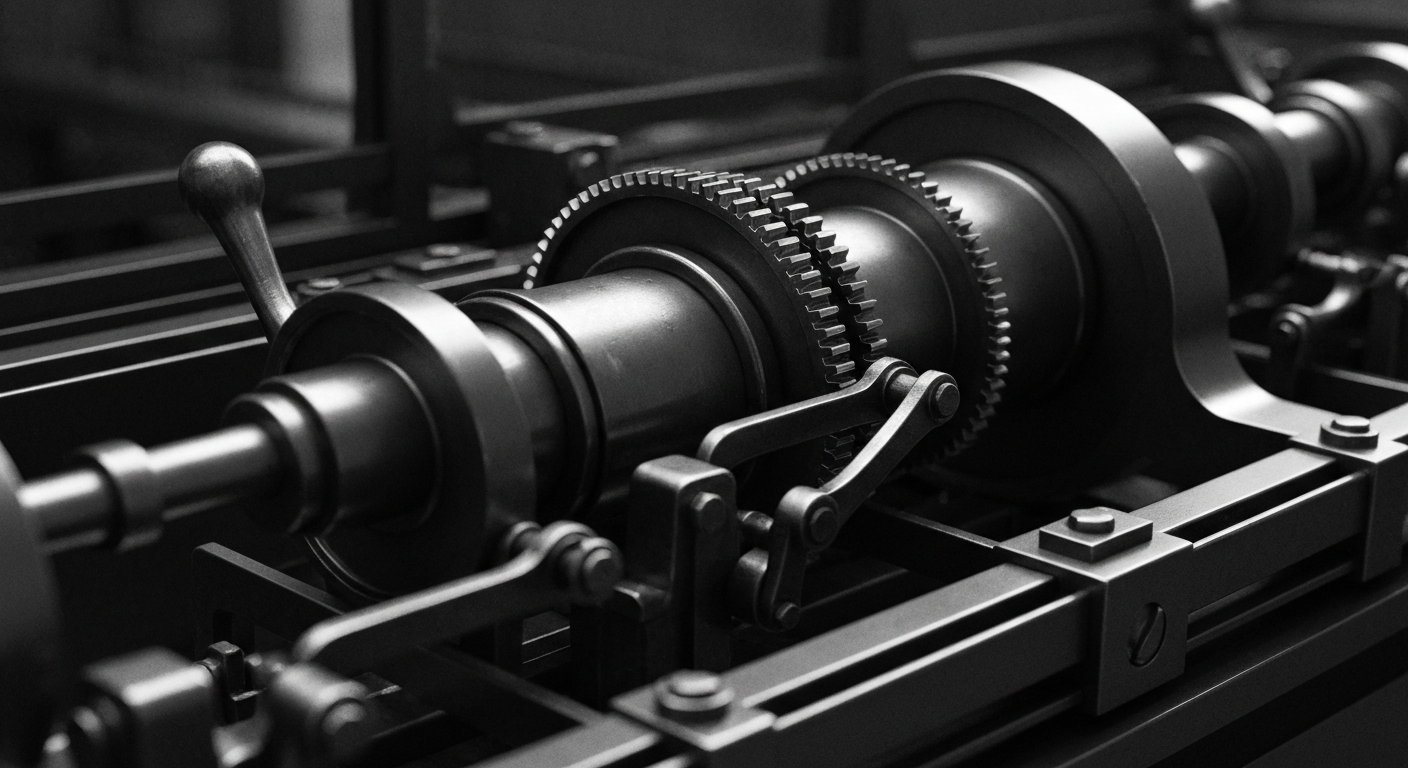 A high-contrast, cinematic close-up of complex banking machinery and mechanisms, representing the financial security and institutional strength behind NHP's public offering.