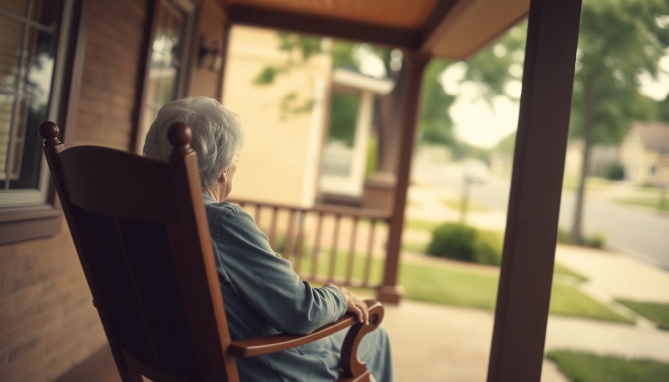 A blurred, impressionistic photograph showing the faint outline of an elderly woman sitting in a rocking chair on a porch, surrounded by out-of-focus greenery and the hazy silhouette of a small-town street, conveying a sense of nostalgia and the quiet passing of time in a close-knit community.