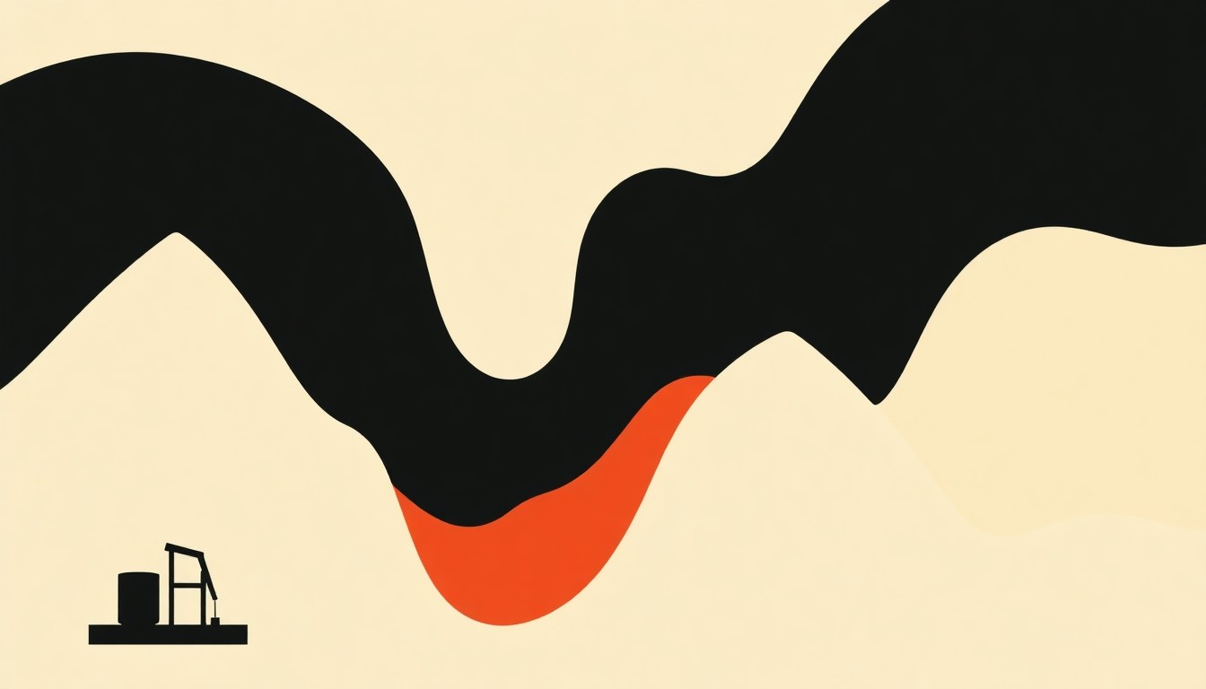 An abstract illustration composed of clean, geometric shapes in shades of blue, green, and orange, conceptually representing the volatility and interconnectedness of global oil prices and energy markets.