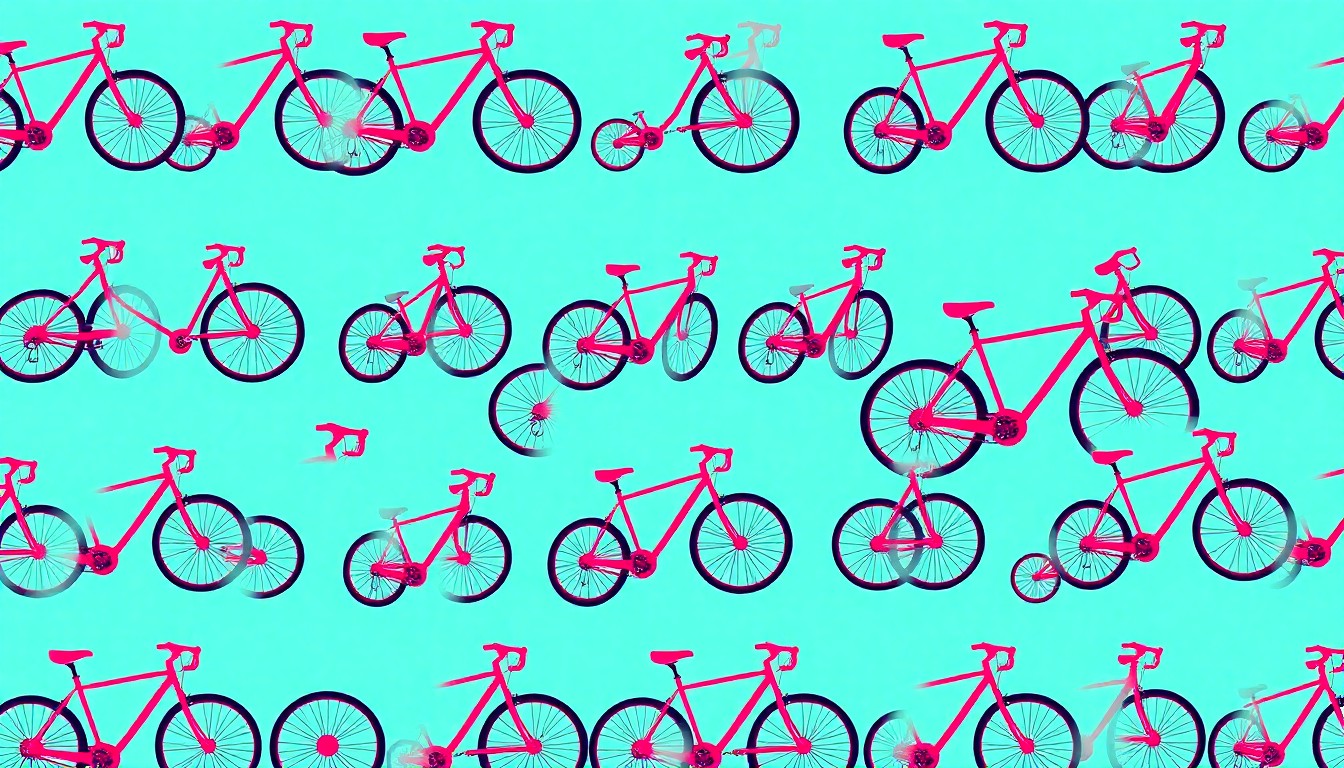 A vibrant, abstract silkscreen print featuring a repeated bicycle icon in neon pink, orange, and blue, conceptually representing the city's efforts to incentivize sustainable commuting.