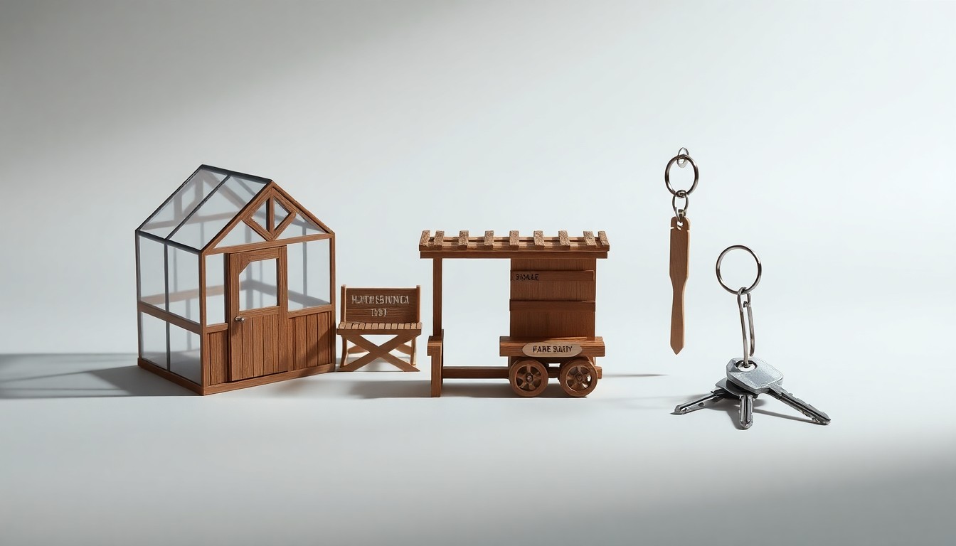 A high-end, photorealistic studio still-life photograph featuring a collection of polished, geometric objects representing the various aspects of a multi-functional property, including a miniature greenhouse, a wooden farm stand, and a set of keys, arranged elegantly on a clean, monochromatic background.