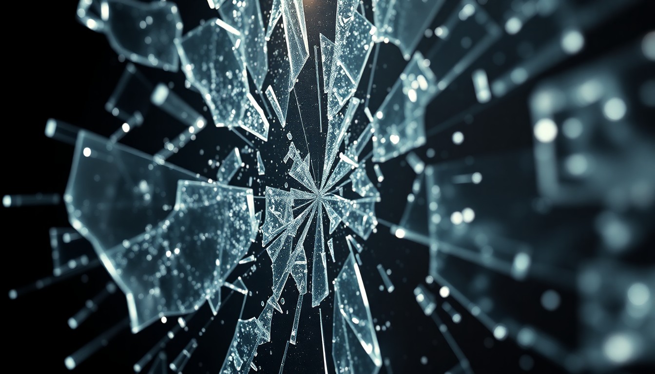 An abstract close-up photograph of shattered, glittering glass in high-contrast studio lighting, conveying the emotional intensity of Peter Parker's identity crisis in the upcoming 'Spider-Man' film.
