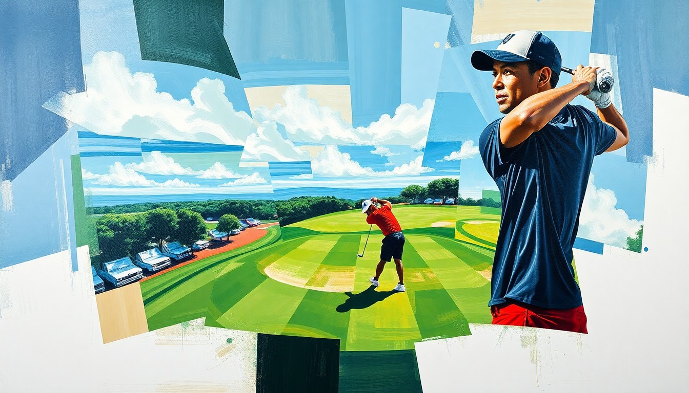 A cubist, geometric painting depicting the fragmented image of a golfer, representing the uncertainty surrounding Tiger Woods' future in the sport.