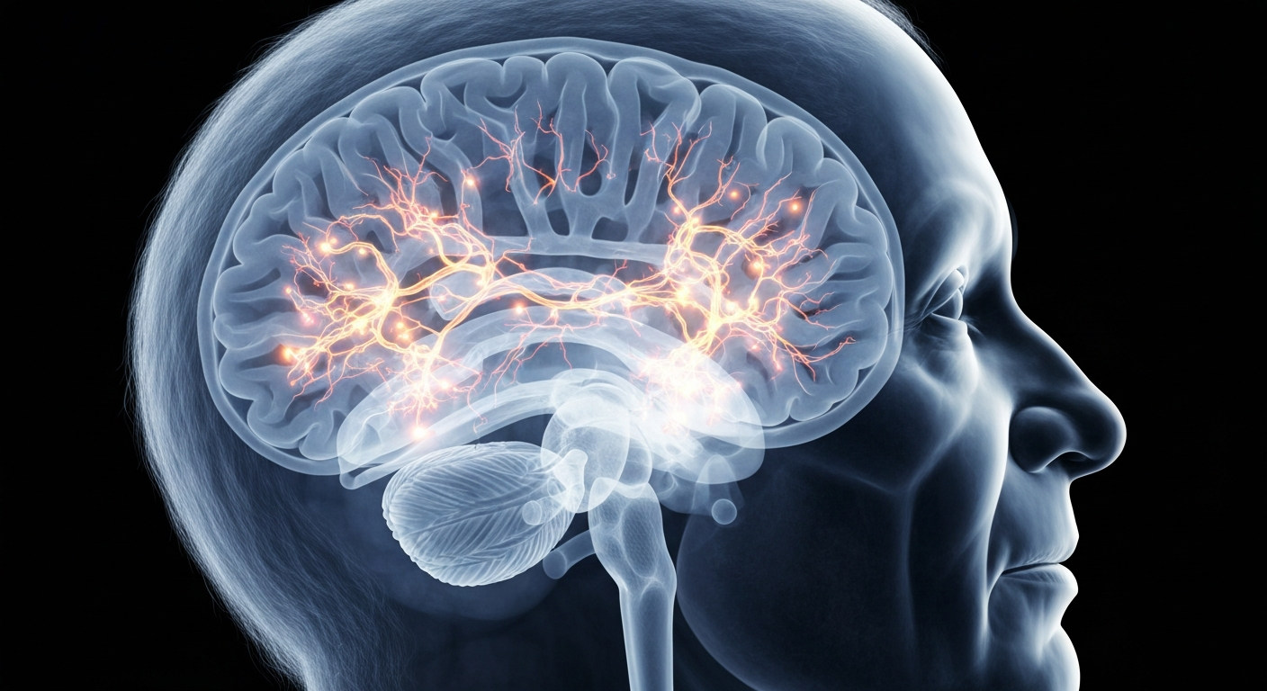 A ghostly, translucent X-ray photograph showing the intricate structures of an elderly person's brain, with glowing neural pathways and connections, conveying the fragility and complexity of the aging mind and the importance of environmental factors in preserving cognitive health.