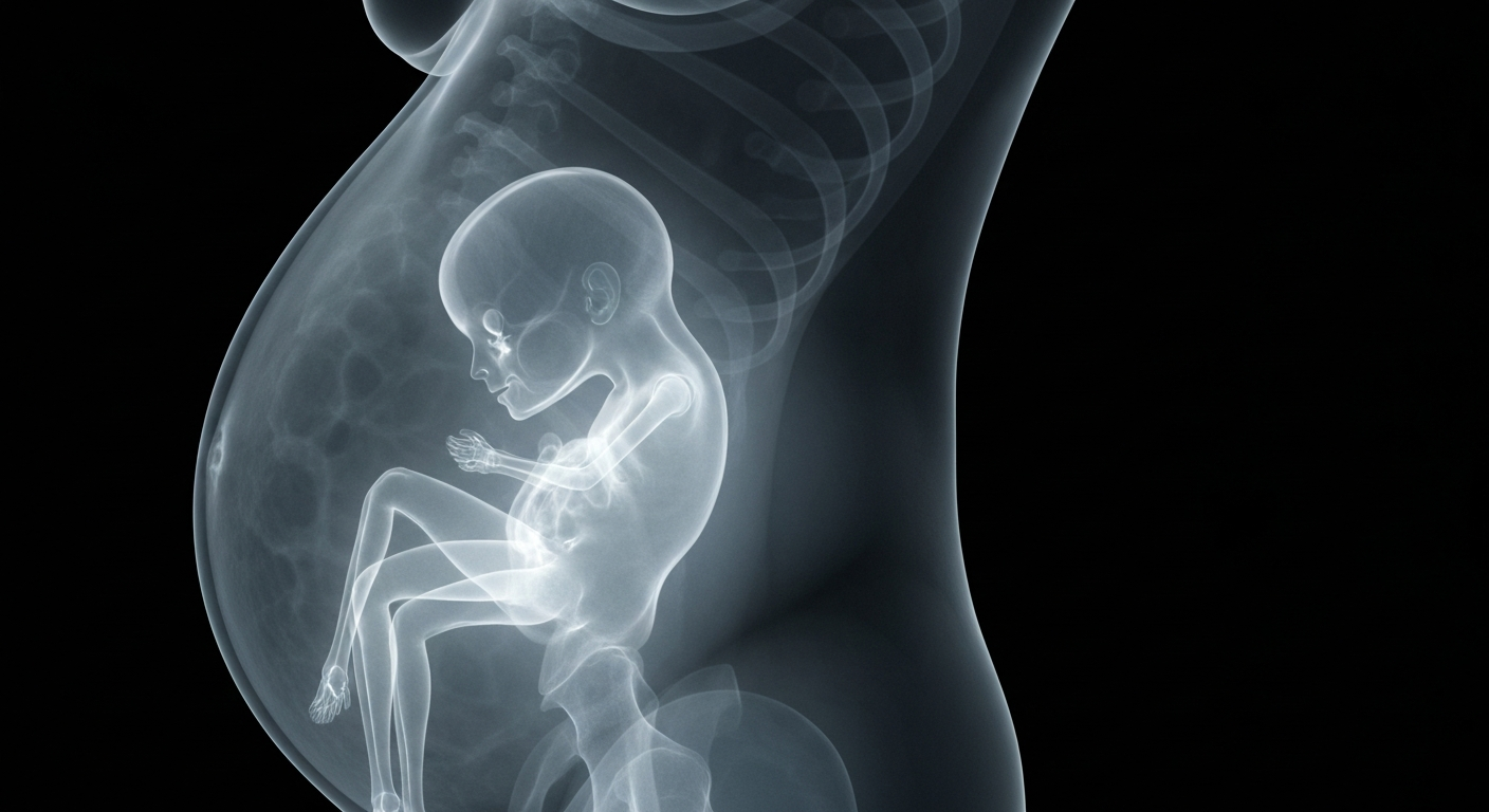 A highly detailed, translucent X-ray photograph revealing the internal structures of a pregnant woman's abdomen, including the fetus and internal organs, all rendered as glowing, ghostly lines against a dark background, conveying the fragility and complexity of maternal mental health during pregnancy.