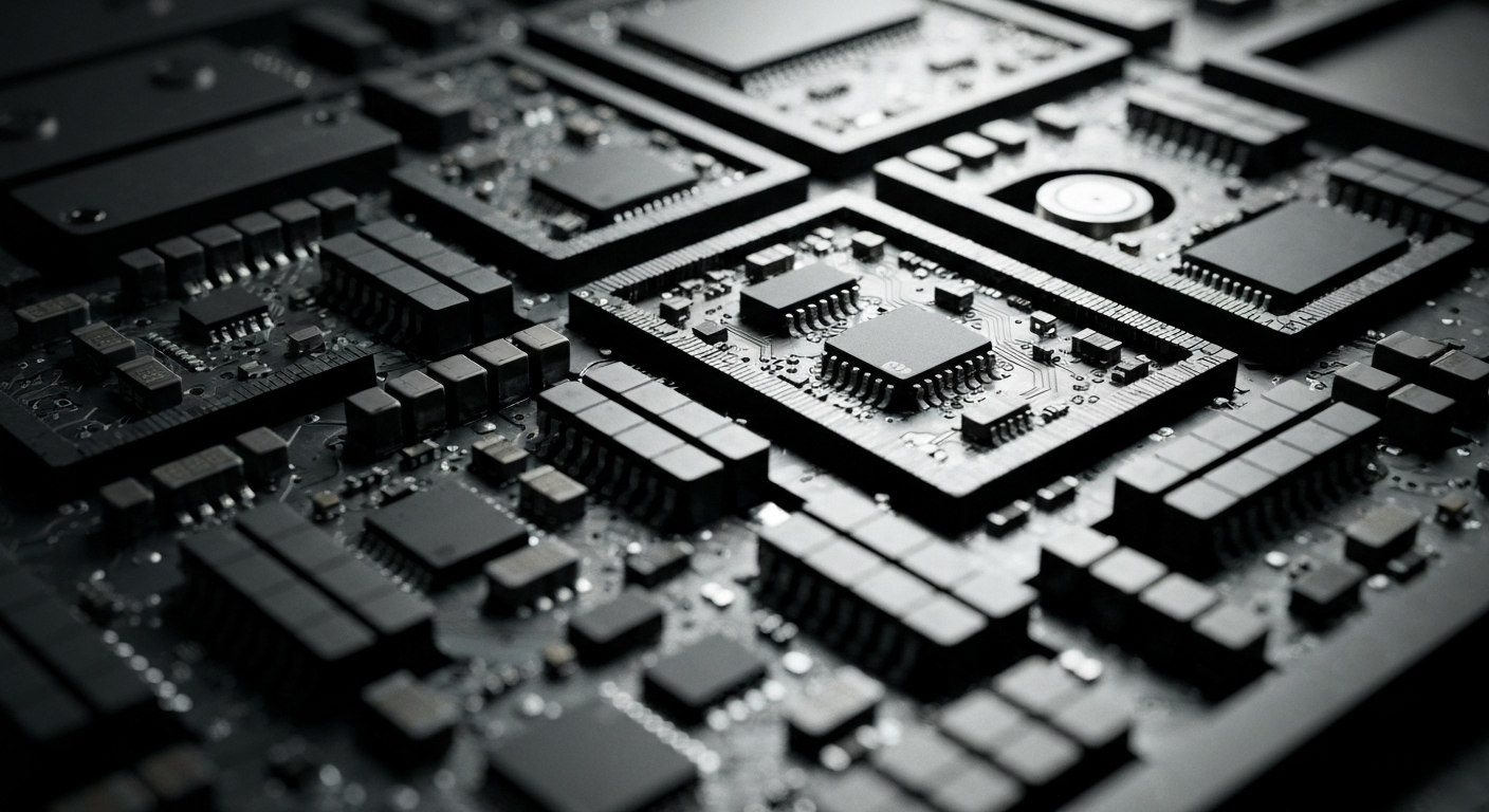 An extreme close-up of the intricate, highly engineered components that make up the internal structure of a semiconductor chip, captured in a dramatic, cinematic style that emphasizes the physical, industrial nature of this advanced technology.