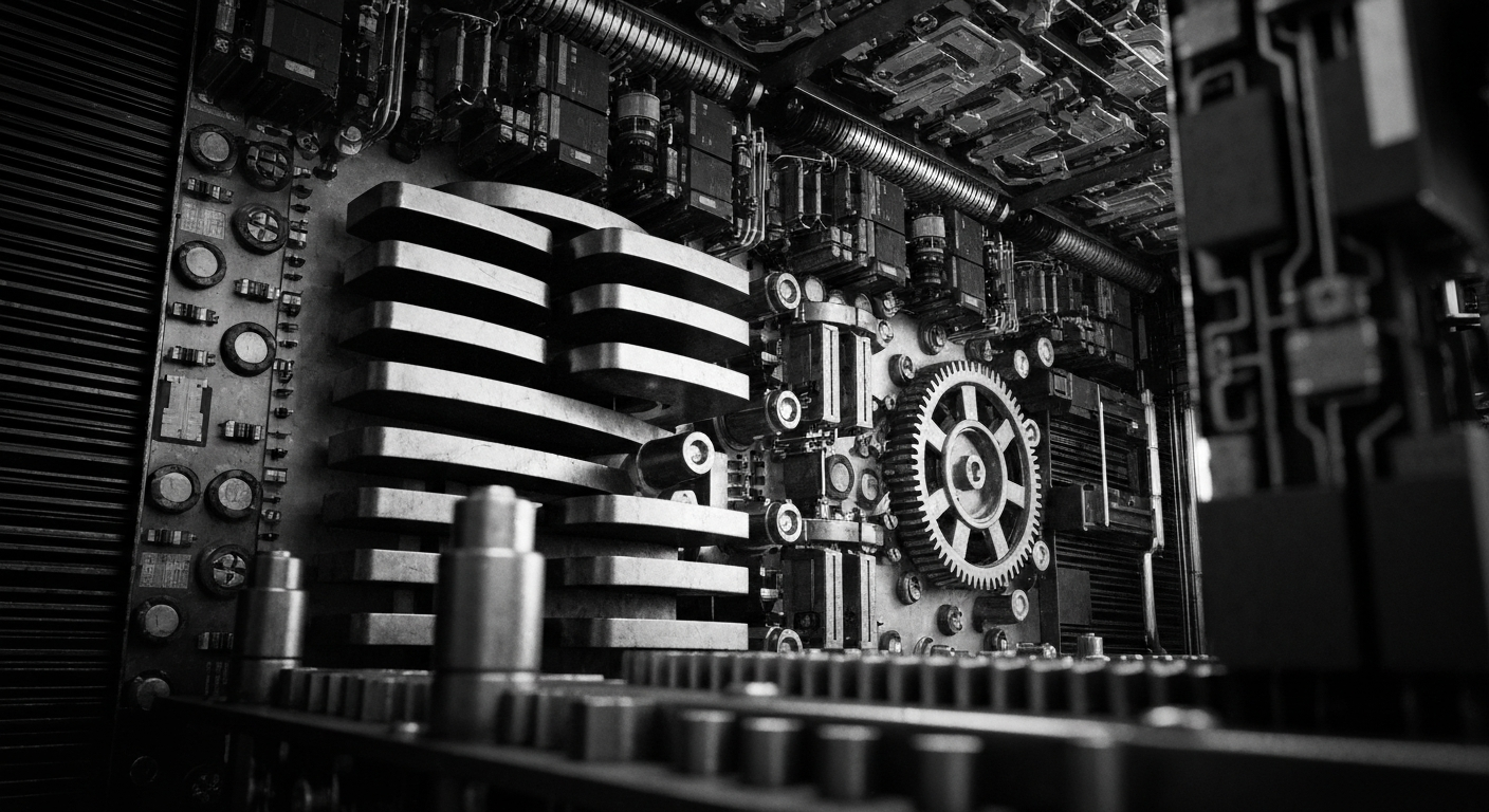A high-contrast, macro-level image of the inner workings of a data center, with a focus on the intricate mechanical and electrical components that enable the storage and processing of vast amounts of user data.
