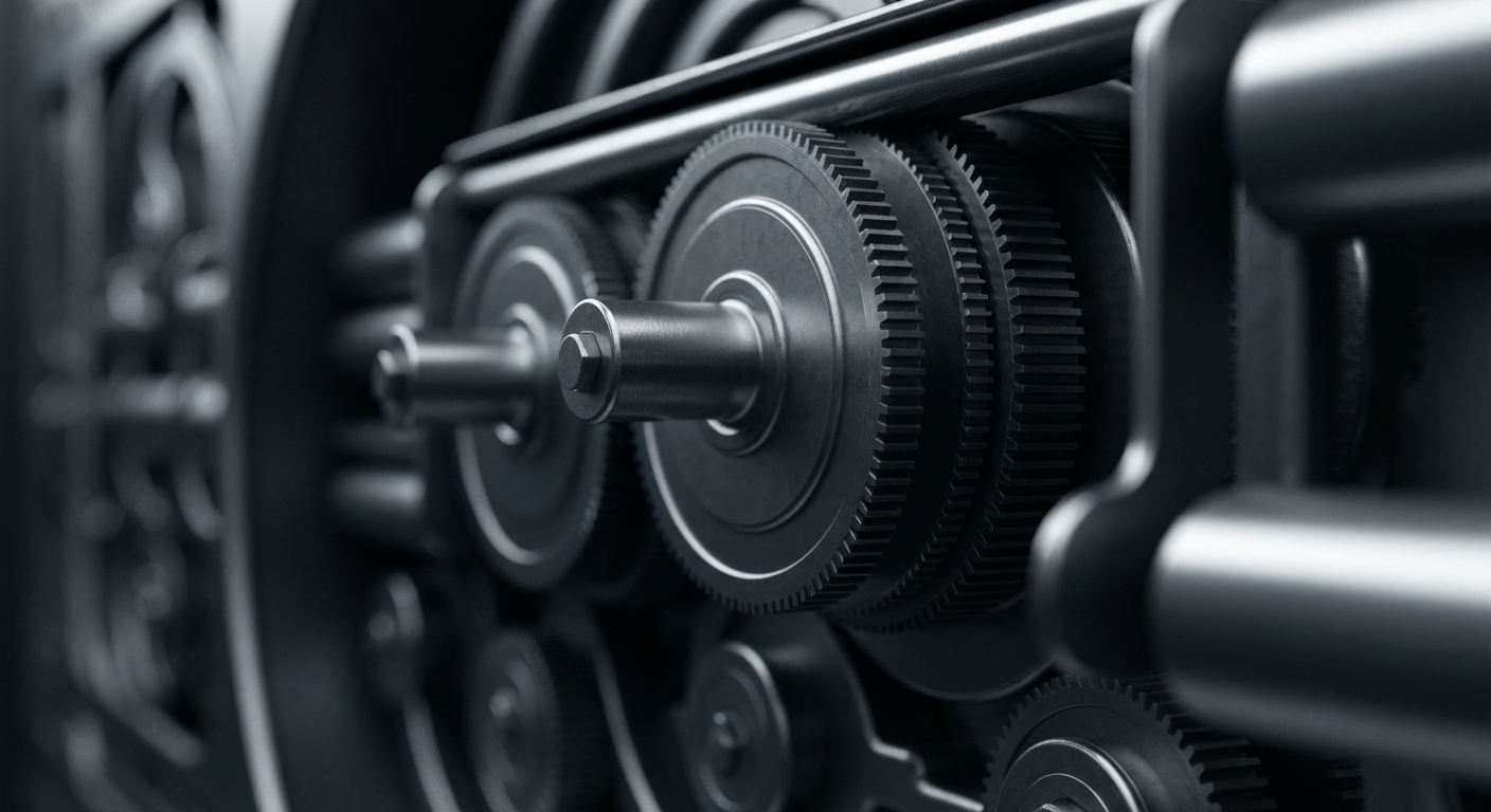 An extreme close-up of the intricate, metallic inner workings of a large banking machine, conveying a sense of institutional financial power and security without using any text or symbols.