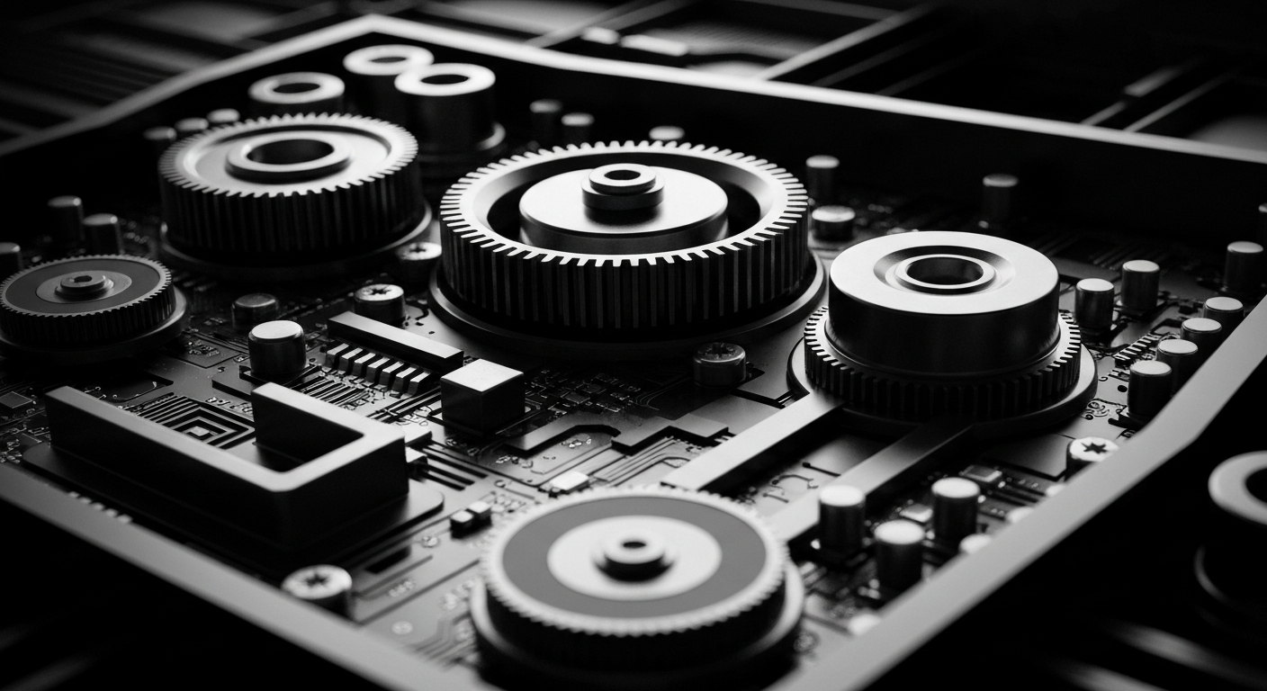 A close-up view of the intricate, metallic components and gears of a high-performance computer processor, captured in a dramatic, high-contrast black and white style that evokes the industrial photography of the 20th century.