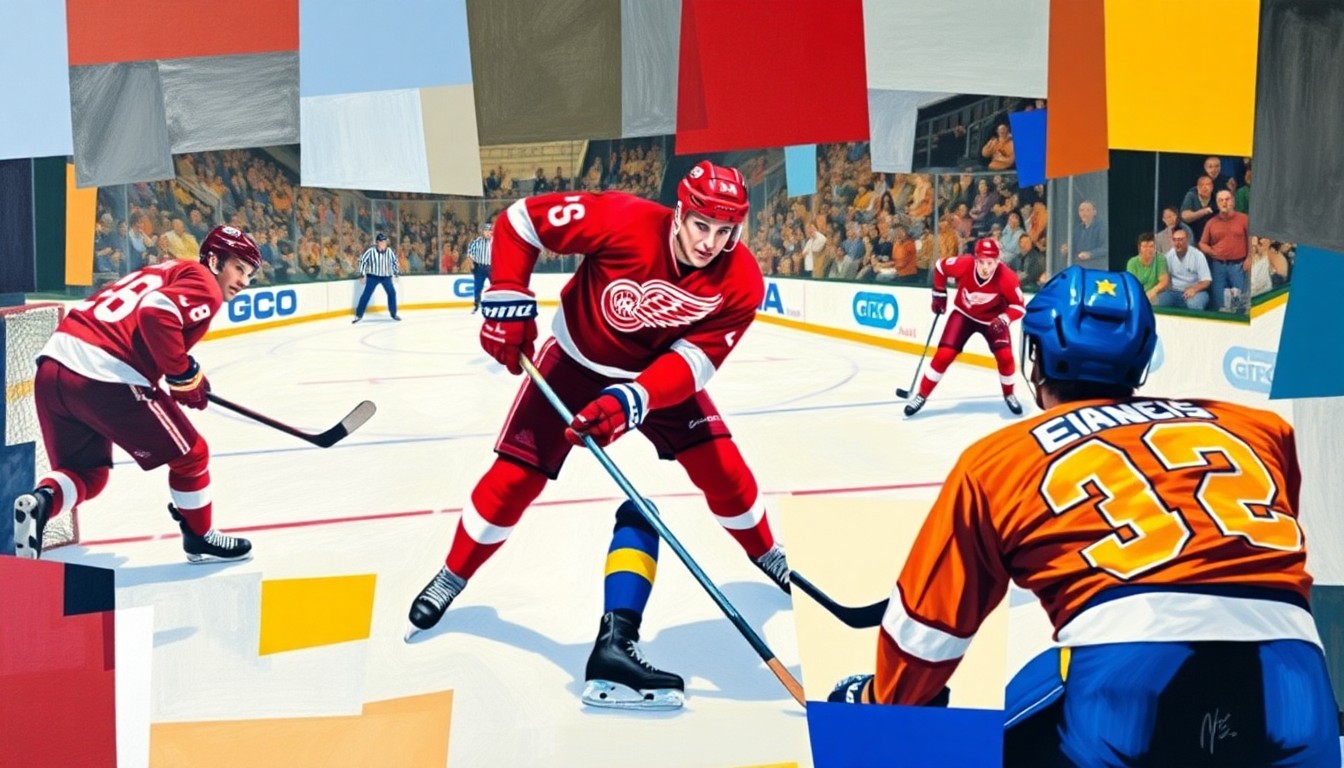 A cubist, geometric painting depicting a fragmented hockey game, with sharp planes of red, white, and blue colors representing the Red Wings and Blues uniforms.