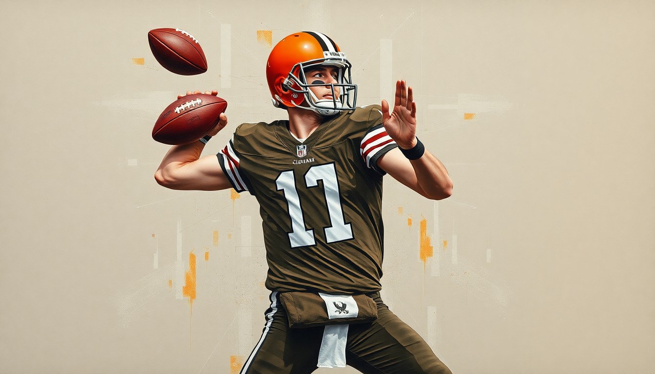 A cubist, geometric painting depicting a Cleveland Browns quarterback in mid-throw, with the player's form broken down into overlapping planes of muted earth tones.