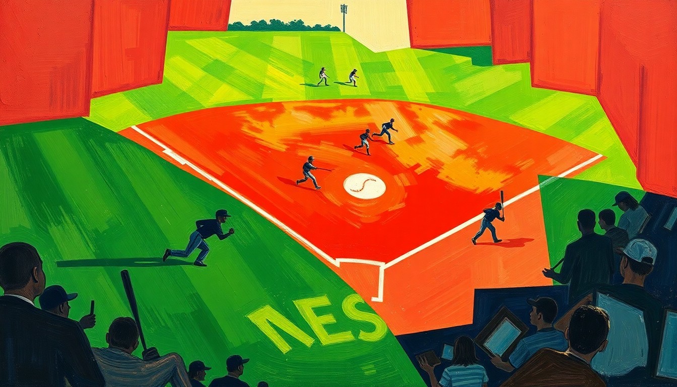 A cubist, geometric painting depicting the chaotic action of a high school baseball game, with players' silhouettes and the field's elements fractured into overlapping planes of color.