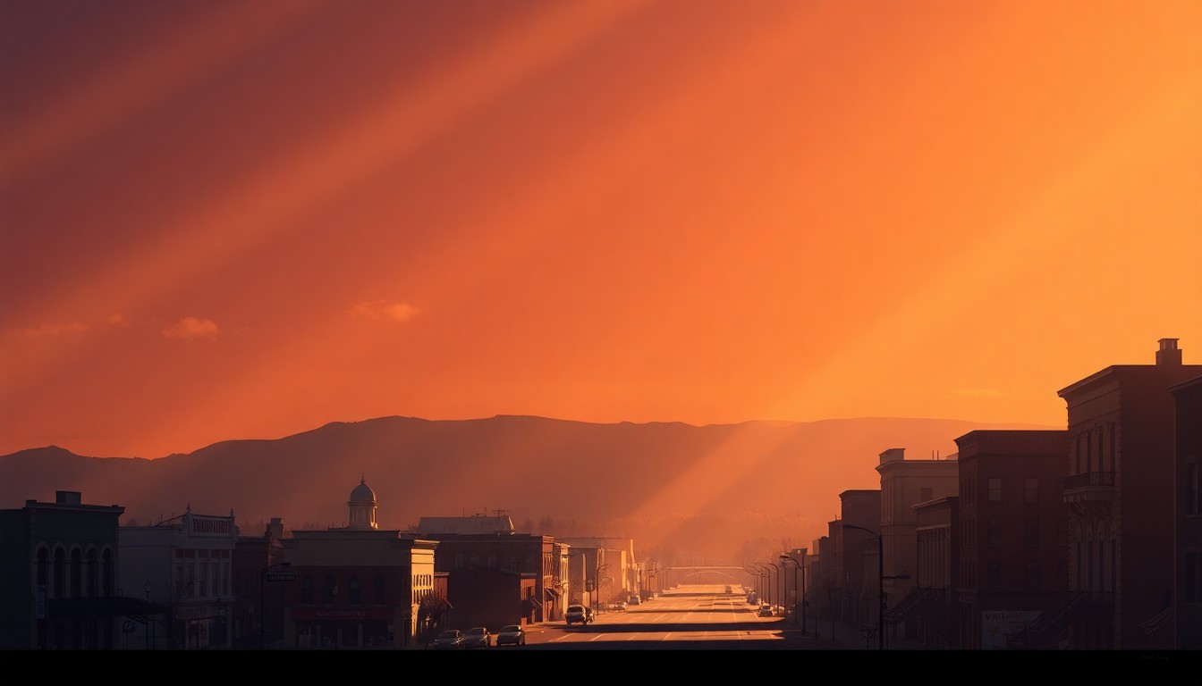 A serene, painterly depiction of Missoula's downtown buildings and streets, with warm sunlight casting deep shadows across the scene, conveying a sense of civic progress and pride.