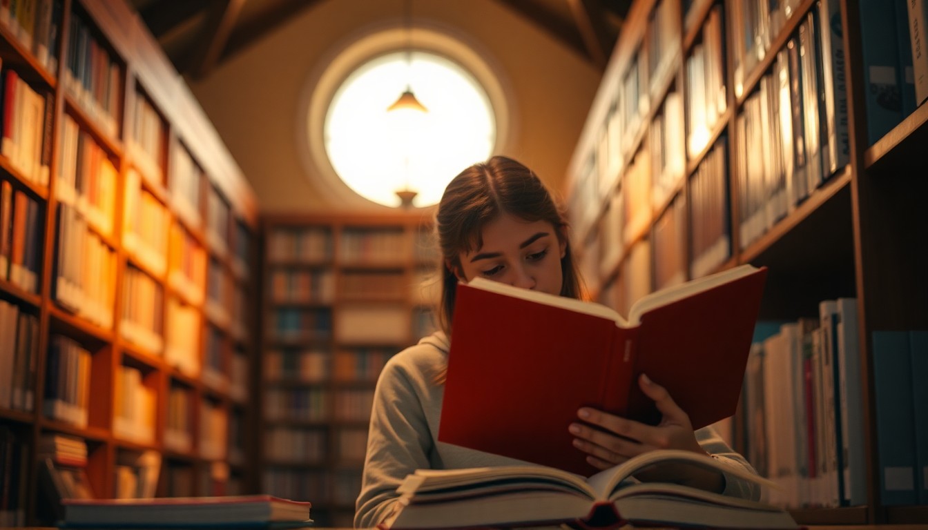 An abstract, impressionistic photograph of a student reading a book in a softly lit library, with blurred colors and shapes creating a cozy, inviting atmosphere.