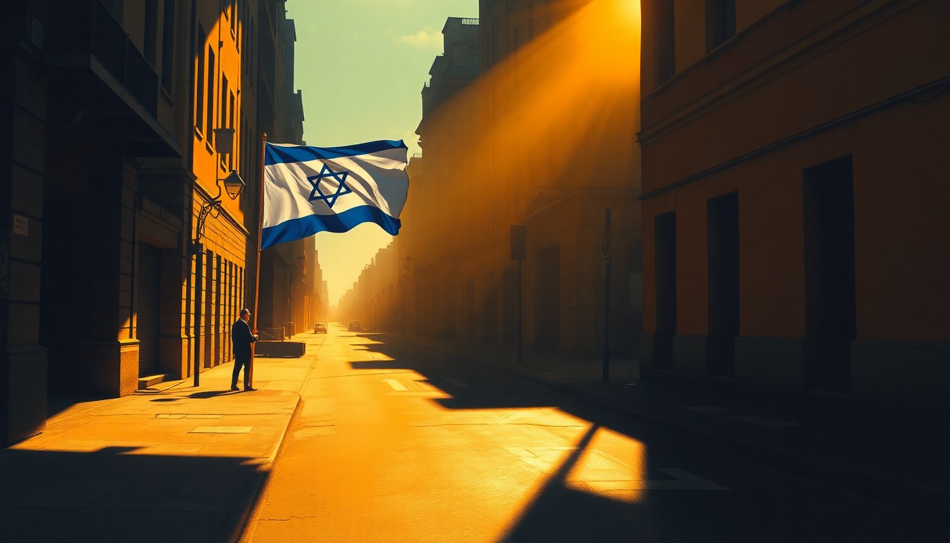 A serene, cinematic painting depicting an Israeli flag waving gently in the warm sunlight of a deserted urban street, the flag's movement casting deep shadows across the pavement, conveying a sense of quiet resilience and unresolved conflict.