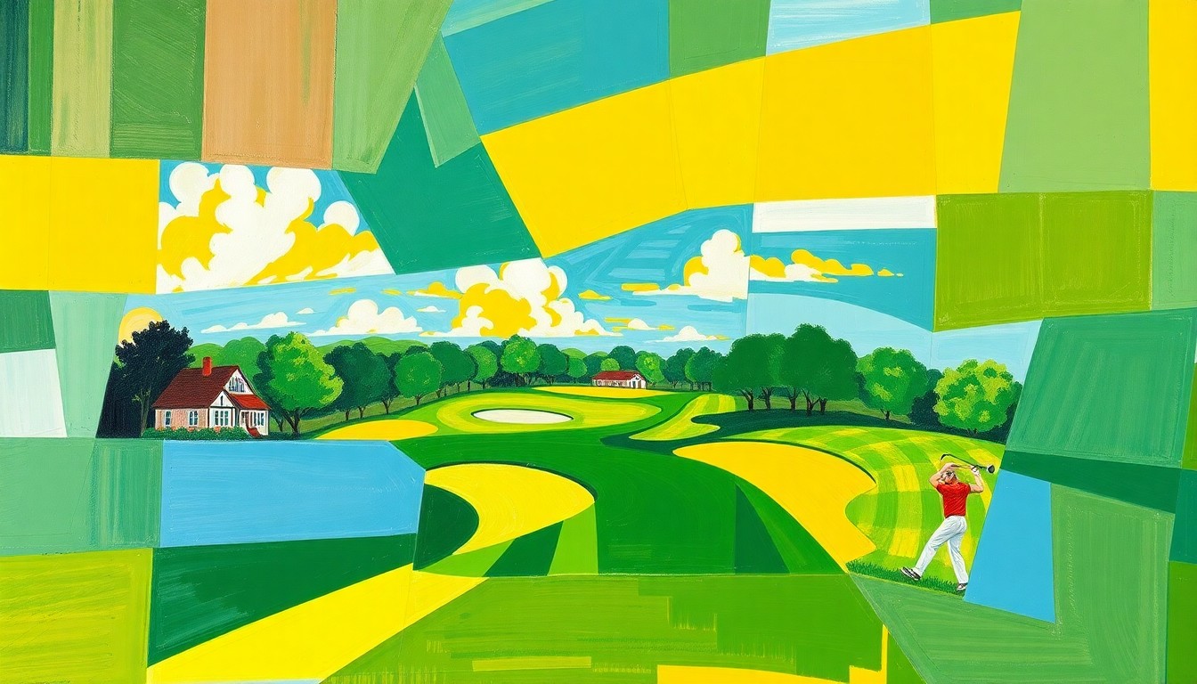 A cubist, geometric painting depicting a fragmented golf tournament scene, with overlapping planes of emerald green, sky blue, and golden yellow, conveying the energy and movement of the competition.