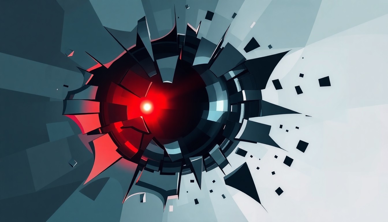 A heavily textured, fragmented painting of a shattered car sensor lens reflecting a faint red light, conceptually illustrating the vandalism of self-driving cars.