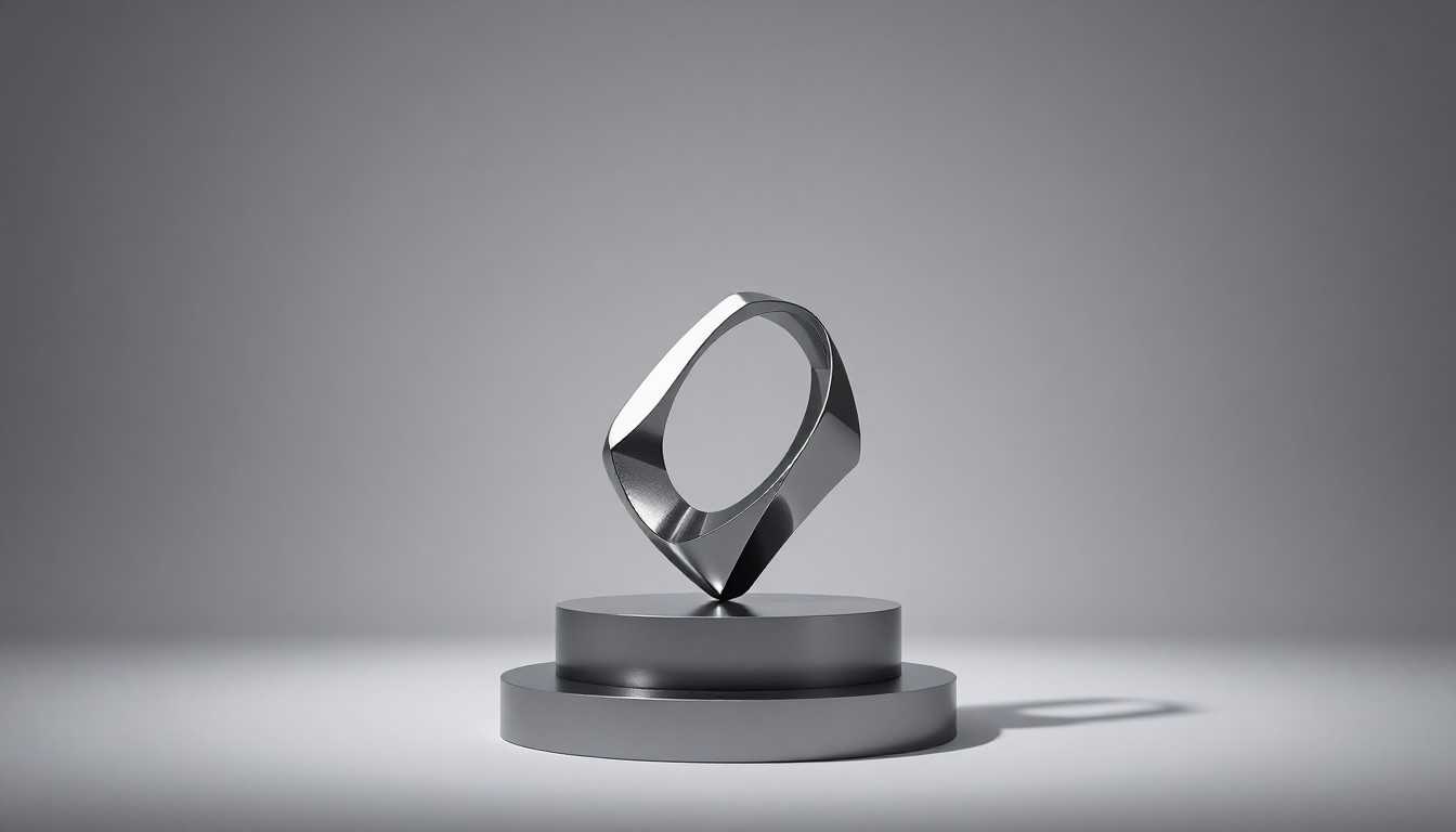 A polished, geometric metal sculpture representing the Mudra platform's secure and reliable liquidity locking and token vesting services, placed on a clean, monochromatic seamless background with dramatic studio lighting and deep shadows.