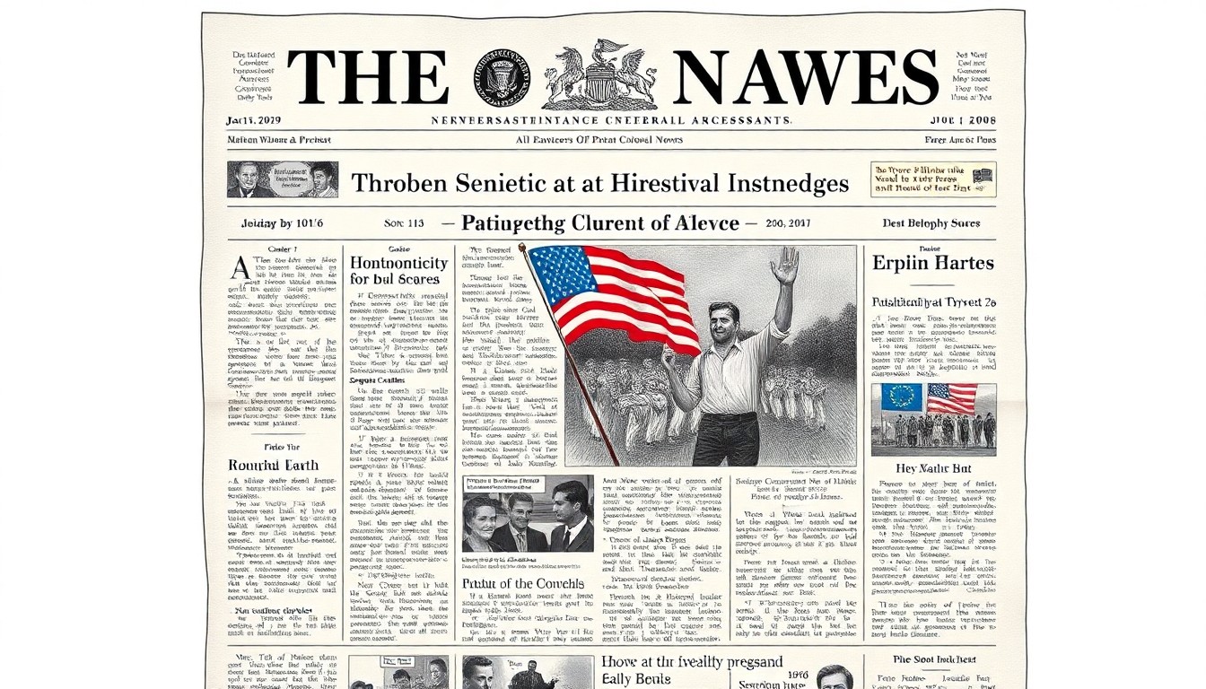 An abstract, textured illustration featuring overlapping layers of warm, earthy tones and soft, blurred shapes, conceptually representing the historical significance and community spirit of revisiting a 1976 newspaper front page from the Bicentennial era.