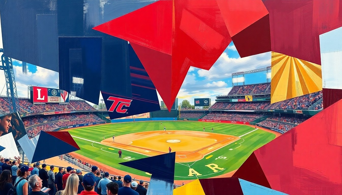 A fractured, cubist-style painting depicting a baseball game between Louisiana Tech and Little Rock, with the players and field broken down into sharp, overlapping geometric shapes and planes in a vibrant color palette.