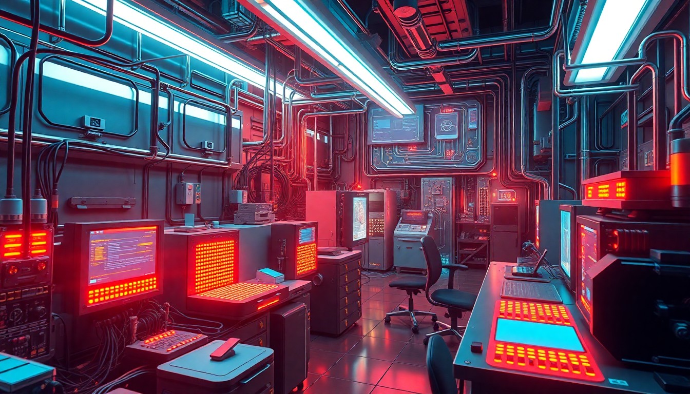 A highly detailed, glowing 3D illustration of a futuristic semiconductor testing lab, with complex circuitry, neon-lit equipment, and a sense of advanced technology. The scene conveys a mood of innovation, collaboration, and the cutting edge of semiconductor R&D.