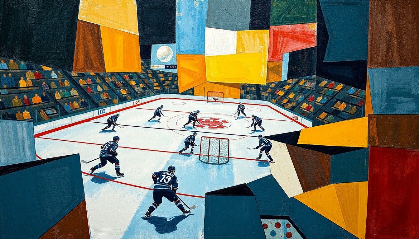 A cubist, geometric painting depicting a hockey game, with players and the puck broken down into overlapping, angular shapes and planes of color, capturing the dynamic motion and intensity of the sport.