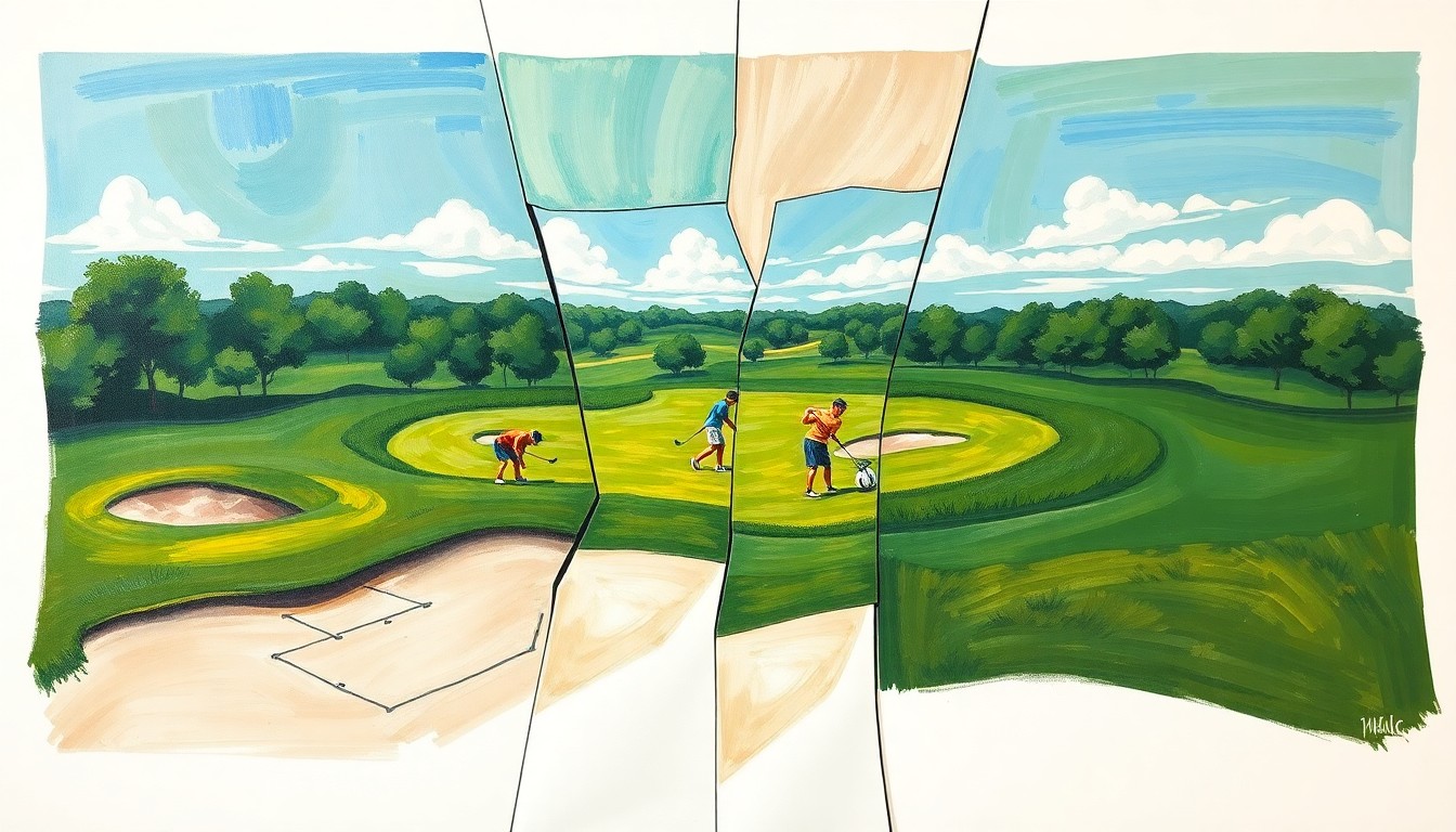 A fragmented, geometric painting depicting the various elements of a golf course and players in motion, capturing the dynamic nature of a high school golf competition.