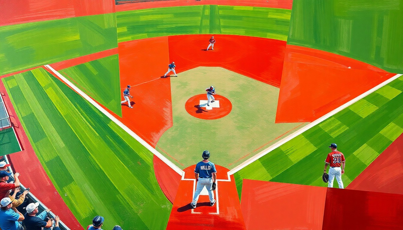 A cubist, geometric painting depicting the action of a high school baseball game, with the players and field broken down into overlapping planes of color and shape.