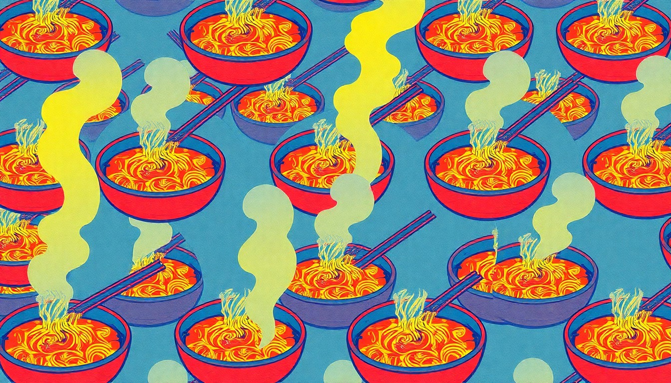 A vibrant, abstract silkscreen illustration featuring a repeating pattern of a steaming bowl of ramen noodles in bold, neon-like colors, conceptually representing the diverse flavors and international influences of the Atlanta International Night Market festival.