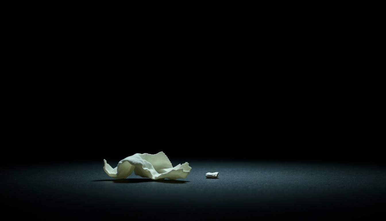 An extreme close-up photograph of a crumpled piece of fabric, lit by a harsh flash against a dark background, conceptually representing the physical evidence in the cruise ship murder case.